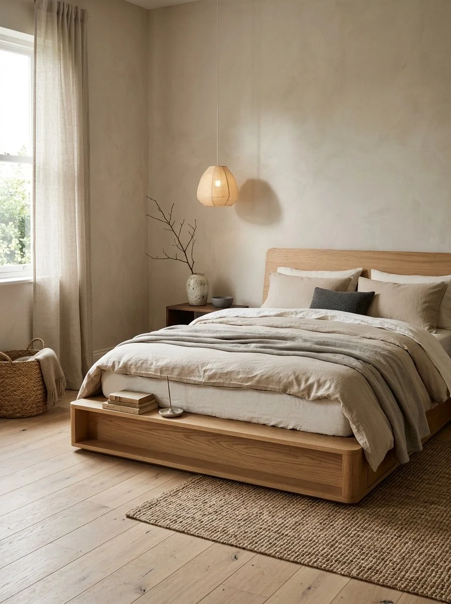 A serene Japandi-style bedroom featuring earthy tones, natural wood, and soft textures, highlighted by Earthy Fern wallpaper. The room includes a wooden bed frame, neutral bedding, and a woven pendant light.