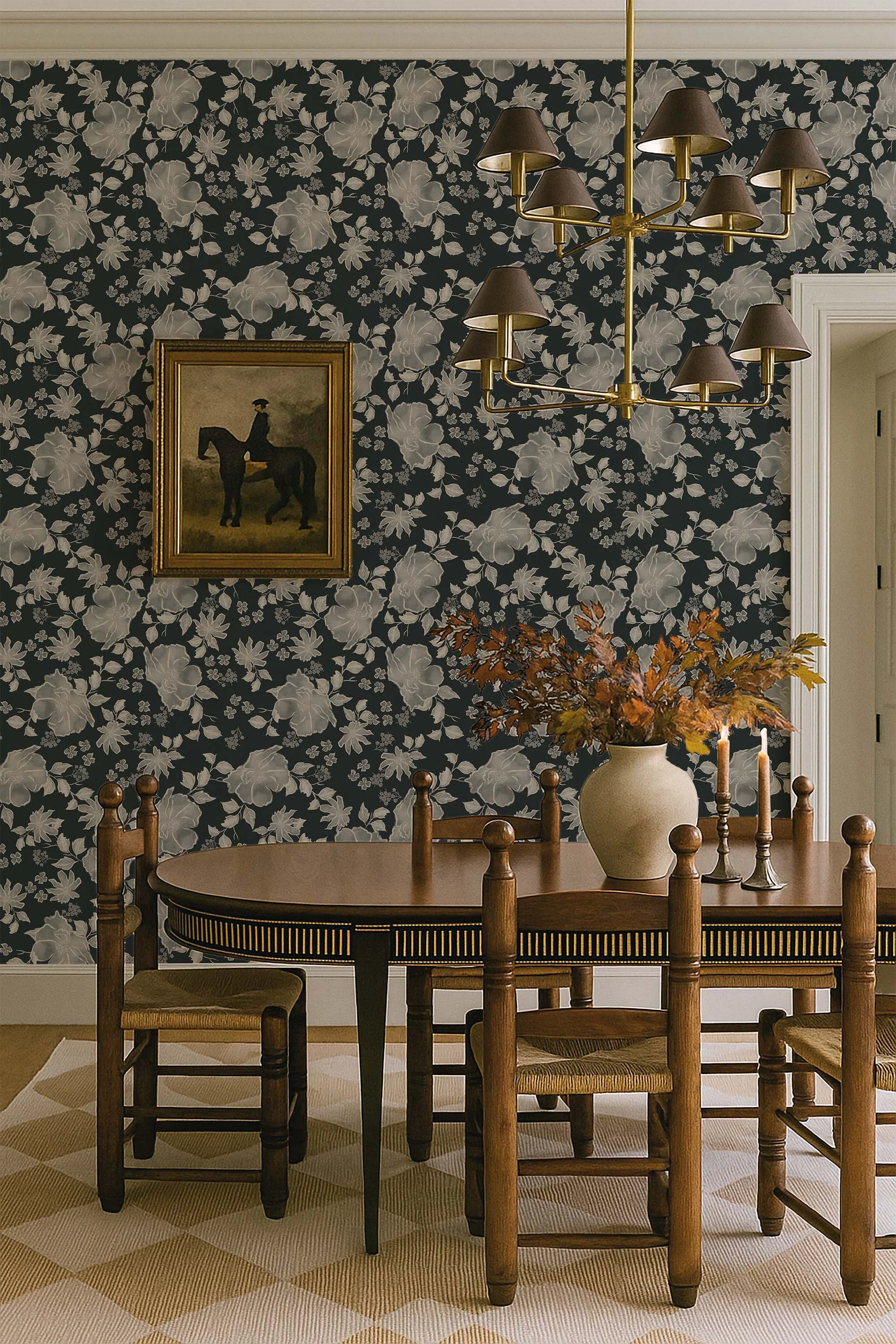 Traditional Vintage Distressed Roses in Deep Forest Green