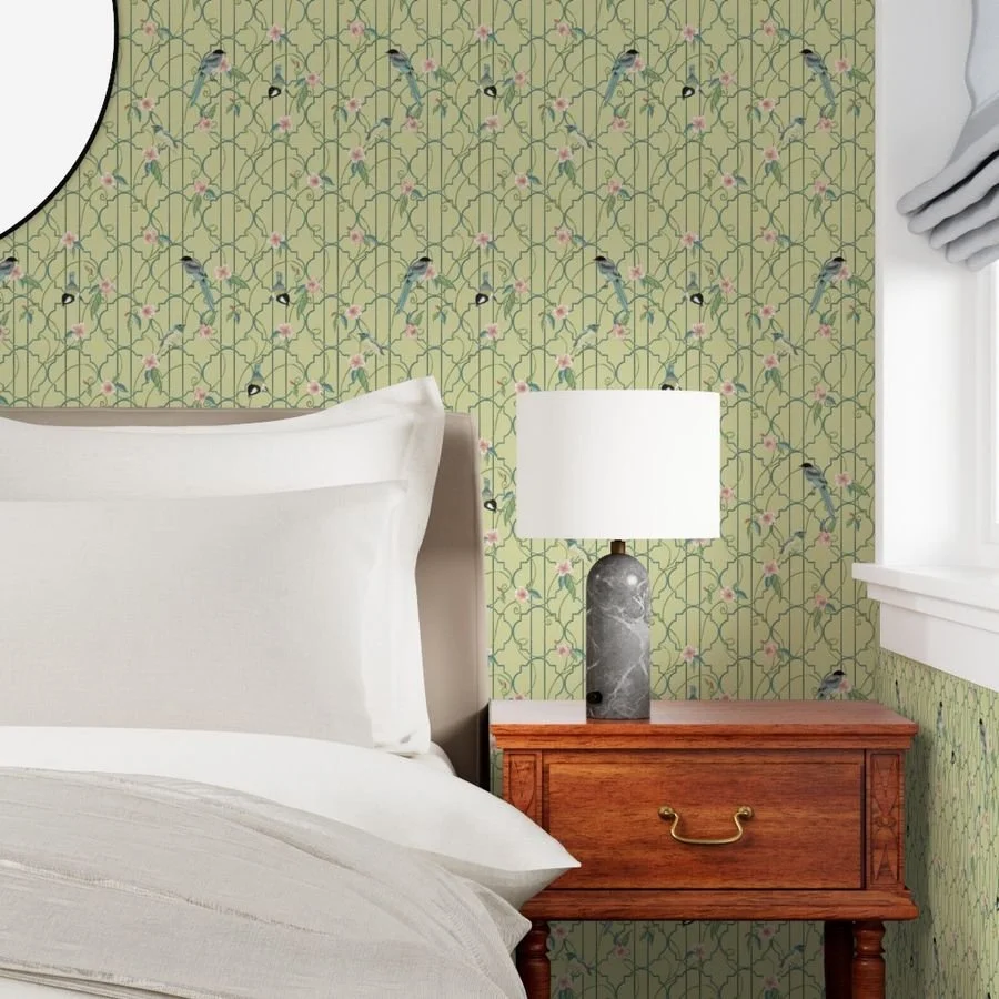 lattice birds green bed_20526366.jpg