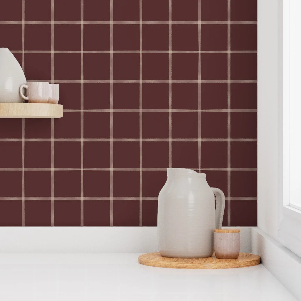Watercolor Window Pane Plaid Burgundy KitchenClose_21084414.jpg
