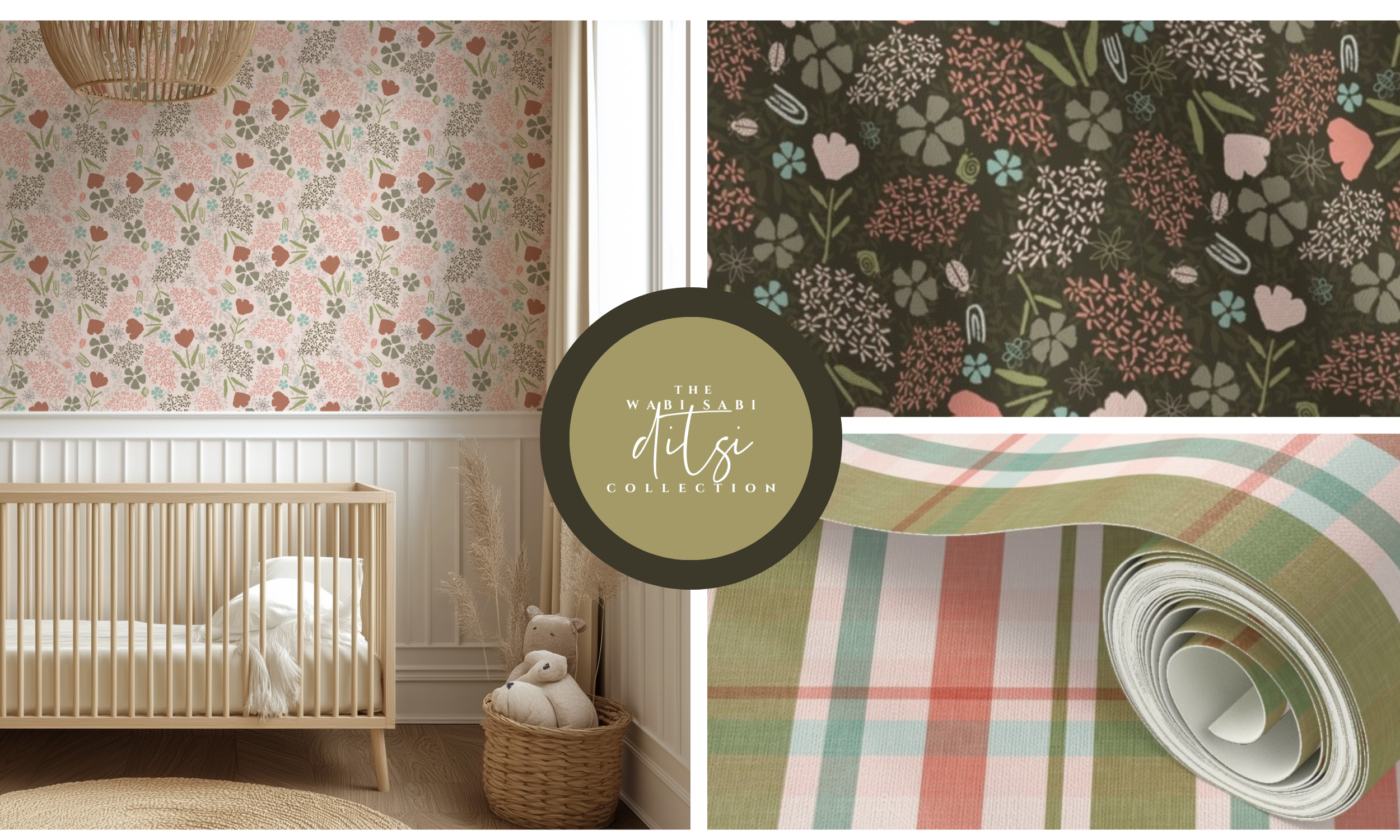 Earthy whimsical and classic wallpaper and textile collection from silver like the moon