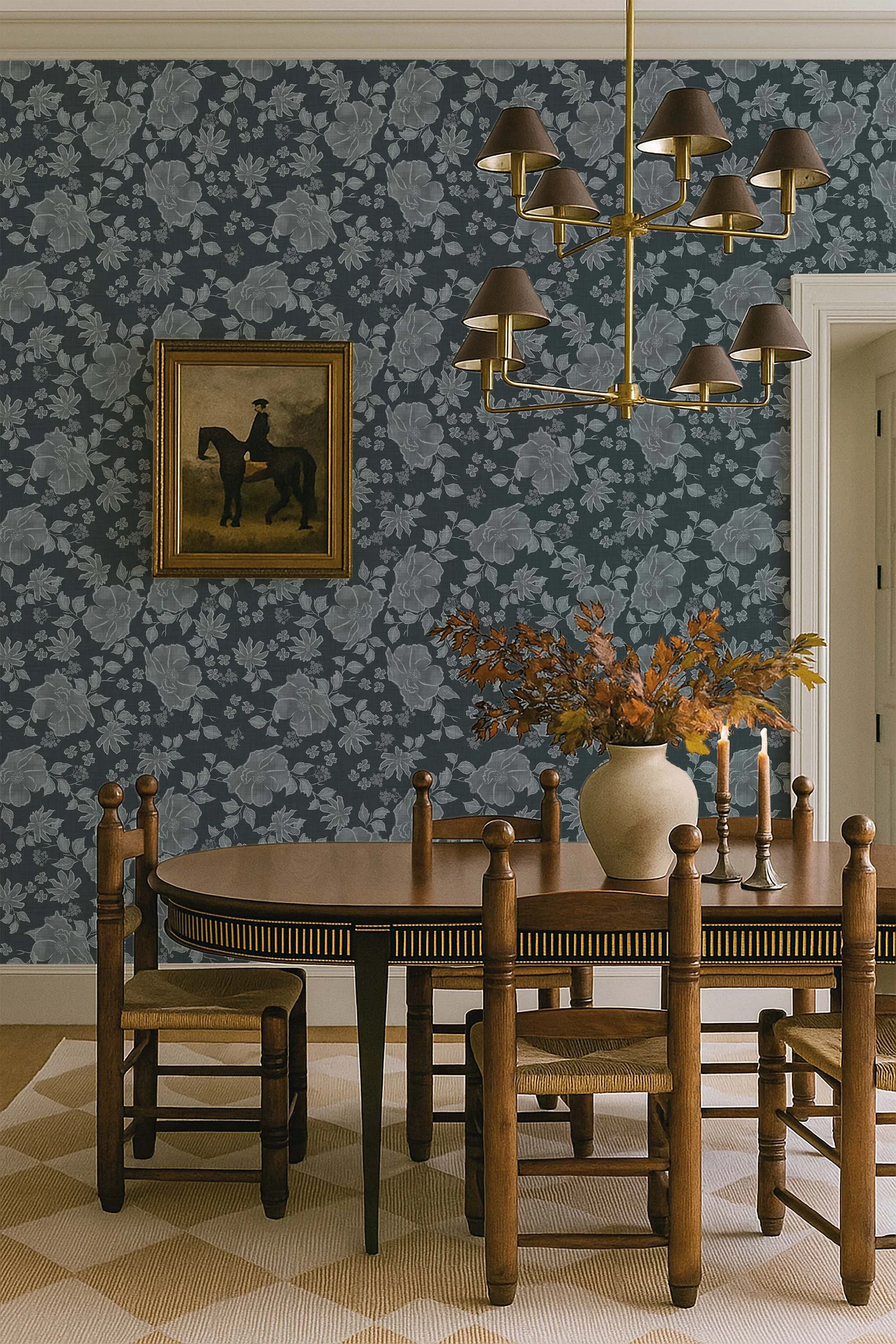 Traditional Vintage Distressed Roses in Medium Blue