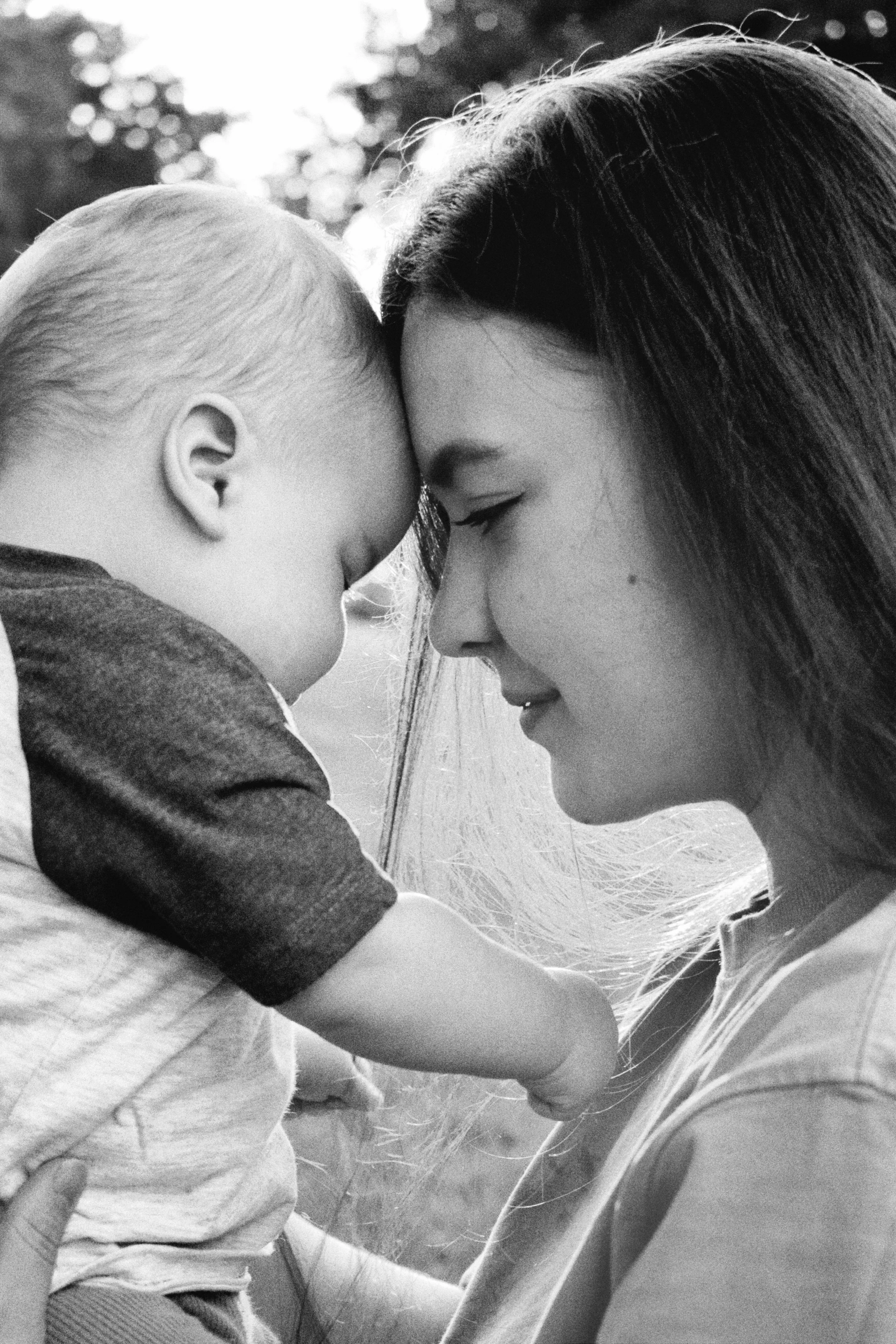 Black and white photo of a mother and child.
