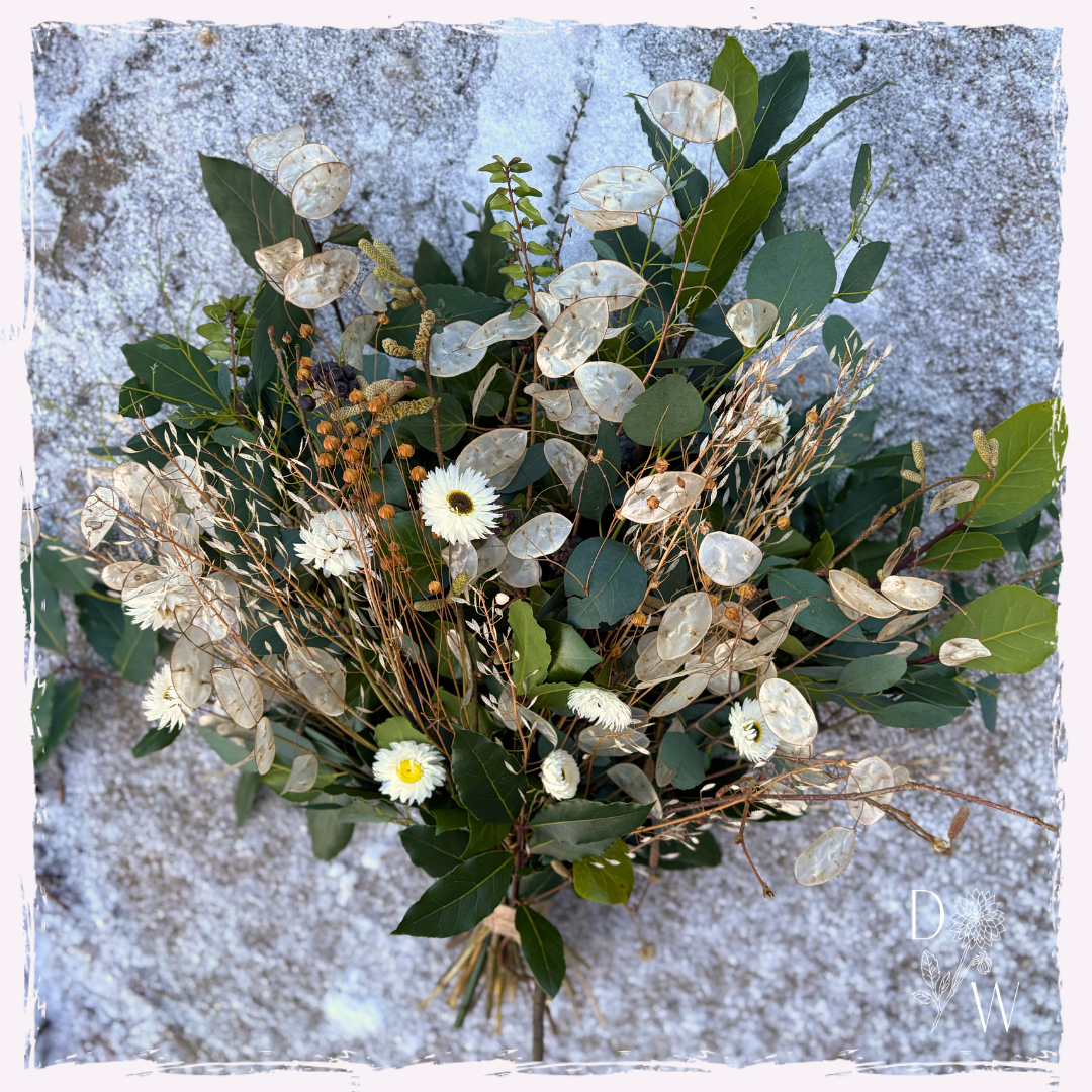 Dried flowers and seedheads, fresh foliage