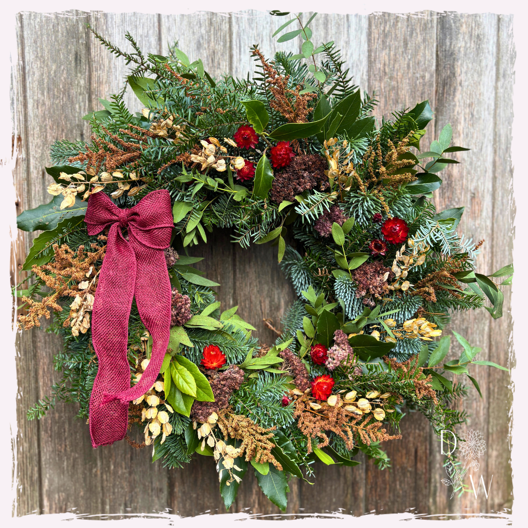 Christmas wreath - dried flowers, seedheads, fresh foliage