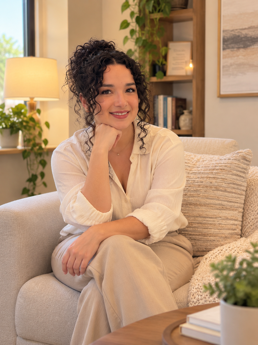 Mariana Marquez sitting on a cozy sofa in a warmly lit living room