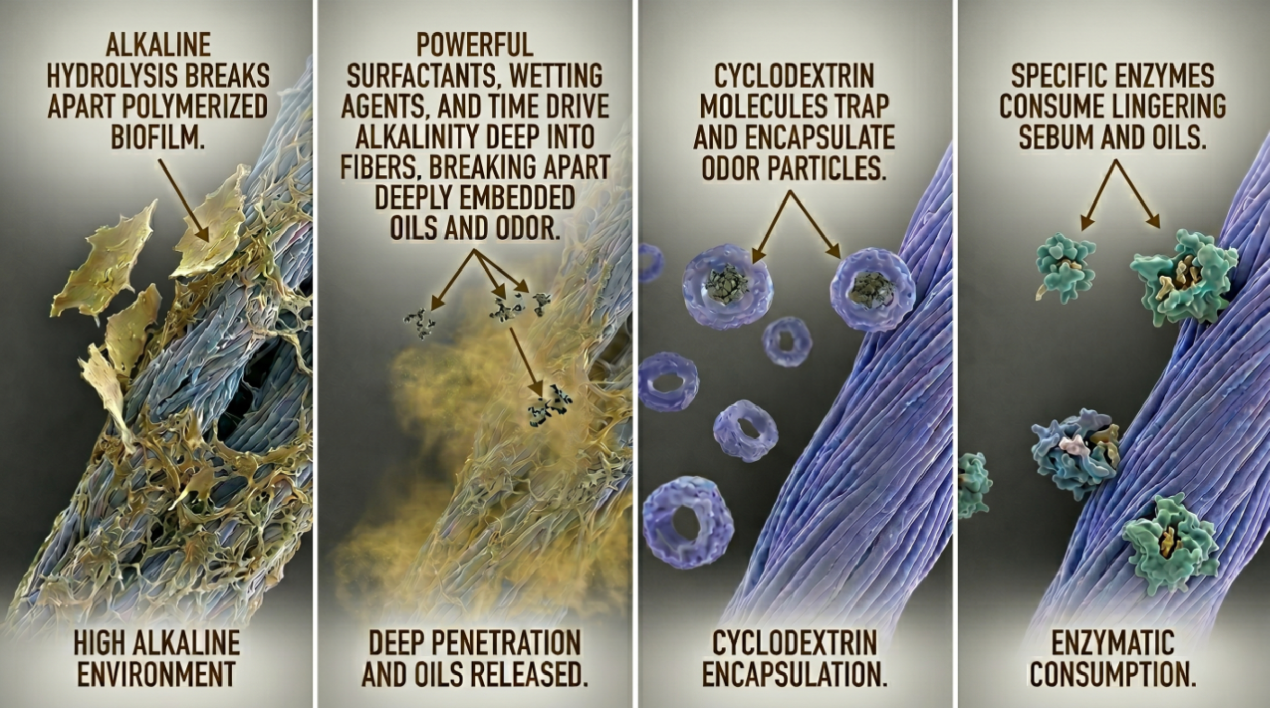 A diagram displaying the process of breaking down a polymeric biofilm on a surface, with stages including alkaline hydrolysis, penetration by surfactants, enzyme trapping and encapsulation, leading to the consumption of lingering sebum and oils.