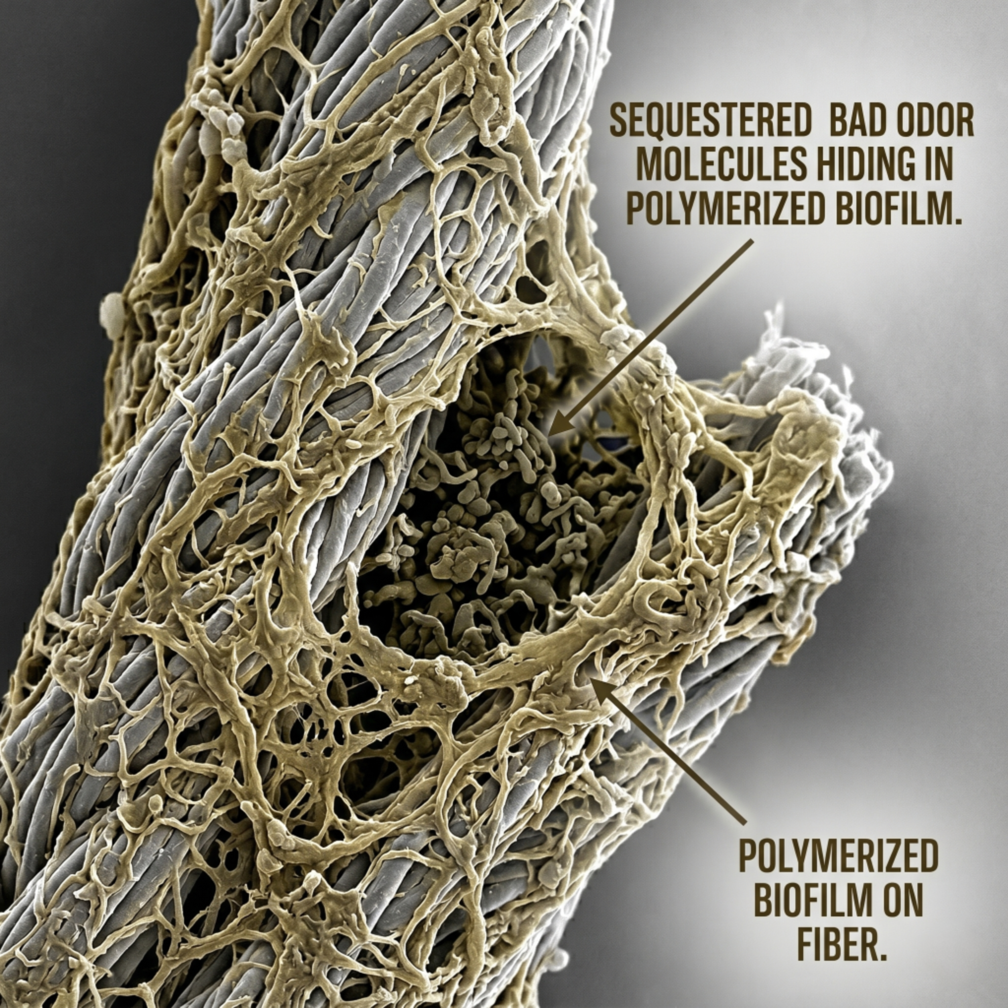 Close-up image of a fiber with labels indicating its structure, including 'sequestered bad odor molecules hiding in polymerized biofilm' and 'polymerized biofilm on fiber'.