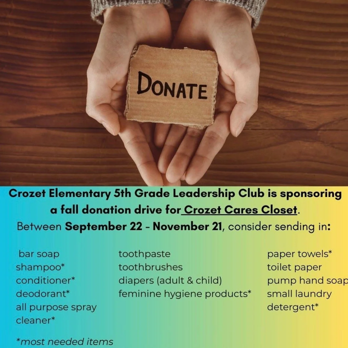 We are so grateful to Crozet Elementary School and their 5th Grade Leadership Club for choosing to sponsor the Crozet Cares Closet for their Fall donation drive!!