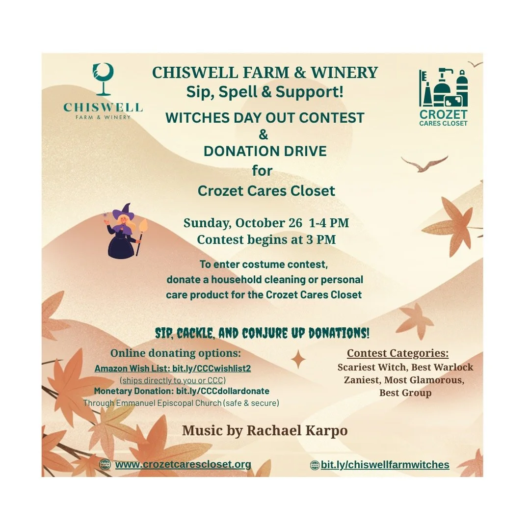 @chiswellwinery is hosting &quot;Witches&rsquo; Day Out&quot; on Sunday, 10/26, and will feature an enchantingly fun costume contest at 3 PM &mdash; bring a donation. To enter just bring a personal hygiene or household cleaning product for @crozetcar