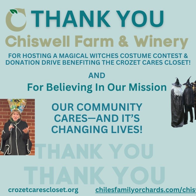 Thank you @chiswellwinery for hosting a magical Witches Costume Contest and donation drive benefiting the Crozet Cares Closet! 💜
Each costume entry helped stock the shelves at the Crozet Cares Closet. Your creativity and generosity truly make a diff