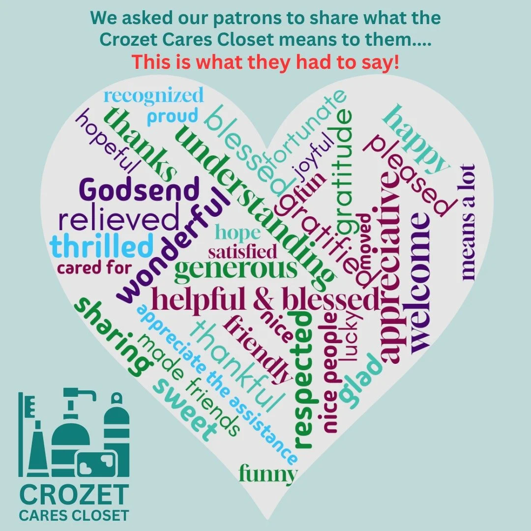 These words from our patrons remind us why the Crozet Cares Closet exists. 💙
Neighbors helping neighbors with dignity, compassion, and care.
We are grateful for every volunteer, donor, and supporter who helps make this ministry possible.