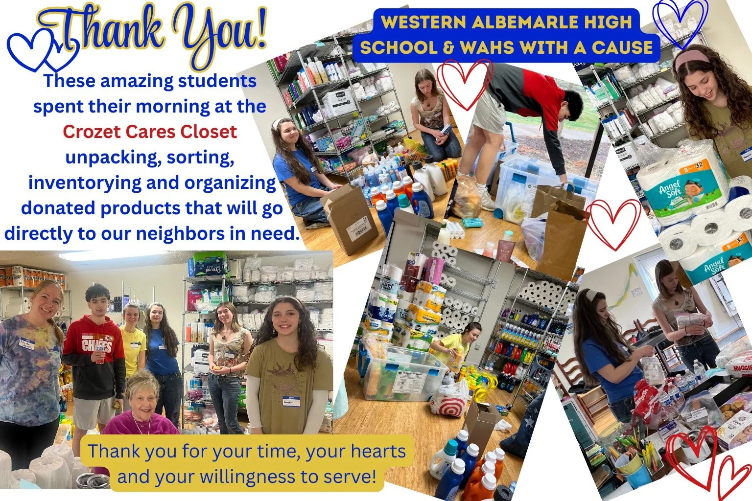A heartfelt thank you to the students of Western Albemarle High School and the amazing WAHS With a Cause team for spending part of your day serving at the Crozet Cares Closet.
These students rolled up their sleeves to help unpack, inventory, and orga
