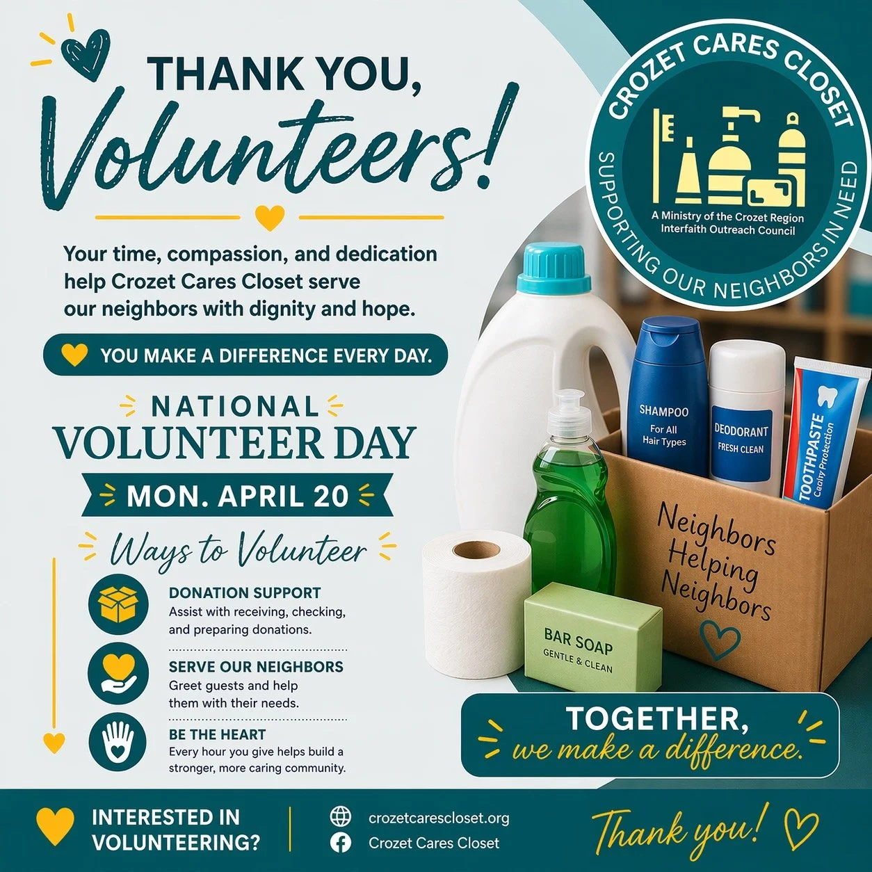 We give thanks for the dedicated volunteers of Crozet Cares Closet and for all who serve so generously in our community. Wherever you serve, your time, compassion, and care make a meaningful difference.