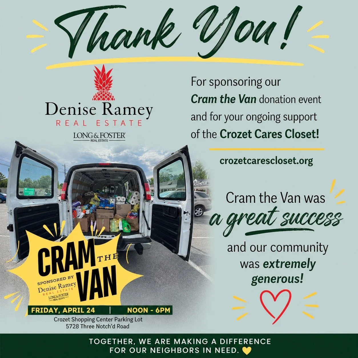 We just about filled the van! 🚐💛
Thank you to our amazing community for showing up in such a generous way, and to Denise Ramey Real Estate Team for again sponsoring our annual Cram the Van event. Your support makes a real difference for our neighbo