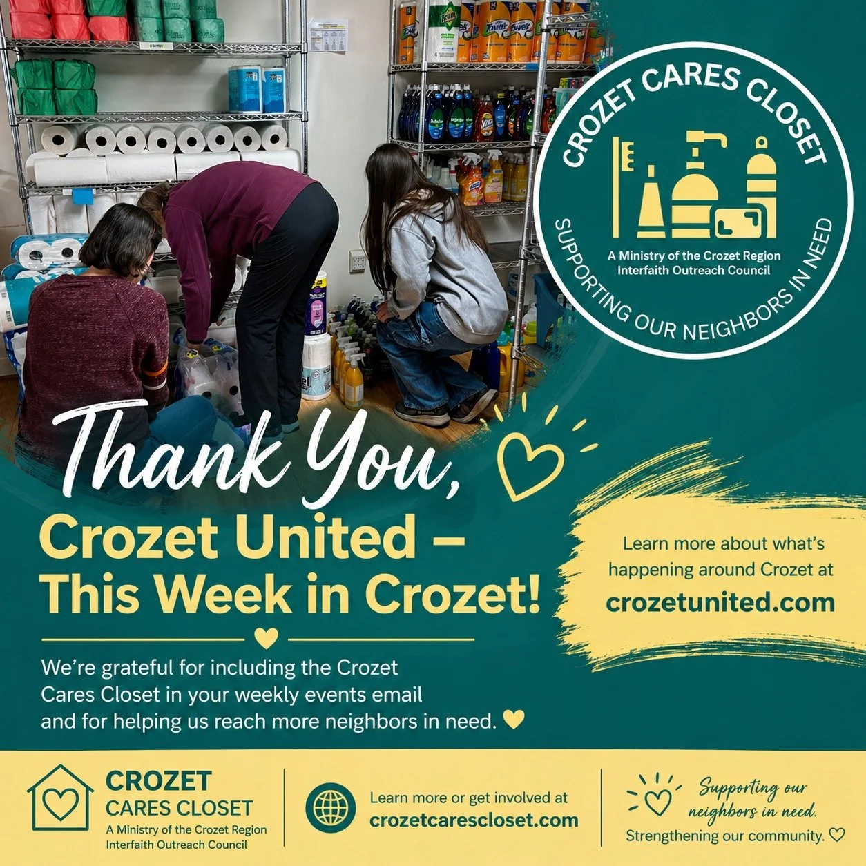 Shoutout to Crozet United &ndash; This Week in Crozet for highlighting the Crozet Cares Closet in this week&rsquo;s events email! Your support helps us reach more neighbors in need 💙✨
Learn more about what&rsquo;s happening around Crozet at crozetun