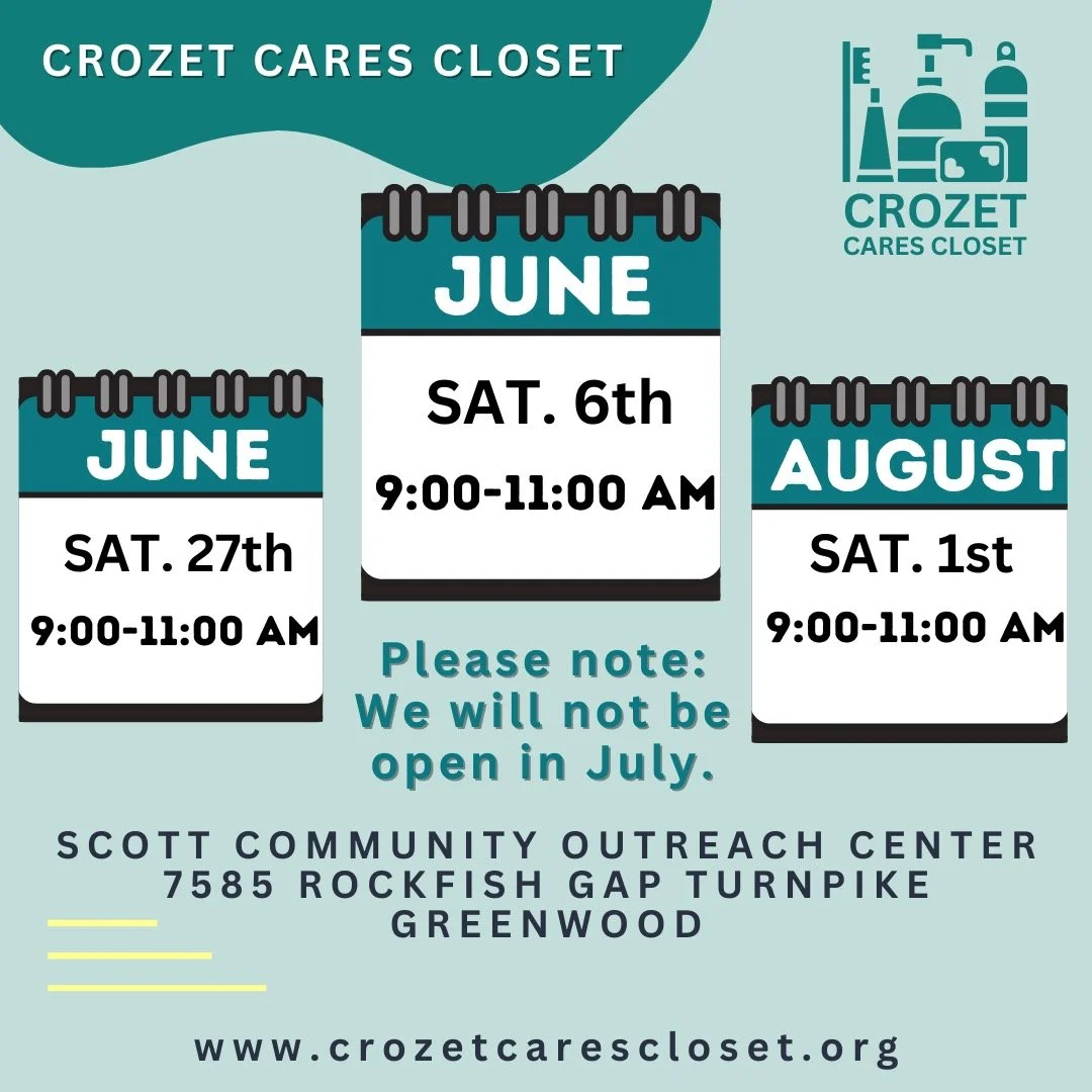 The Crozet Cares Closet will be open for Distribution Day on Saturday, June 6, from 9:00&ndash;11:00 a.m., and again on Saturday, June 27. Please note that there will not be a Distribution Day in July, as the first Saturday falls on the July 4 holida