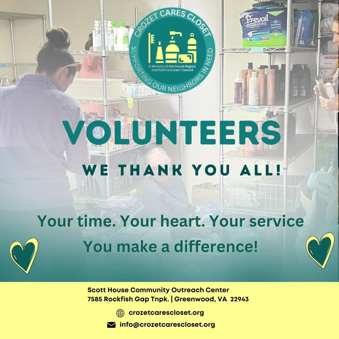 Thank you to our June 6 Crozet Cares Closet volunteers! Because of your willingness to serve, our neighbors were welcomed, supported, and cared for.