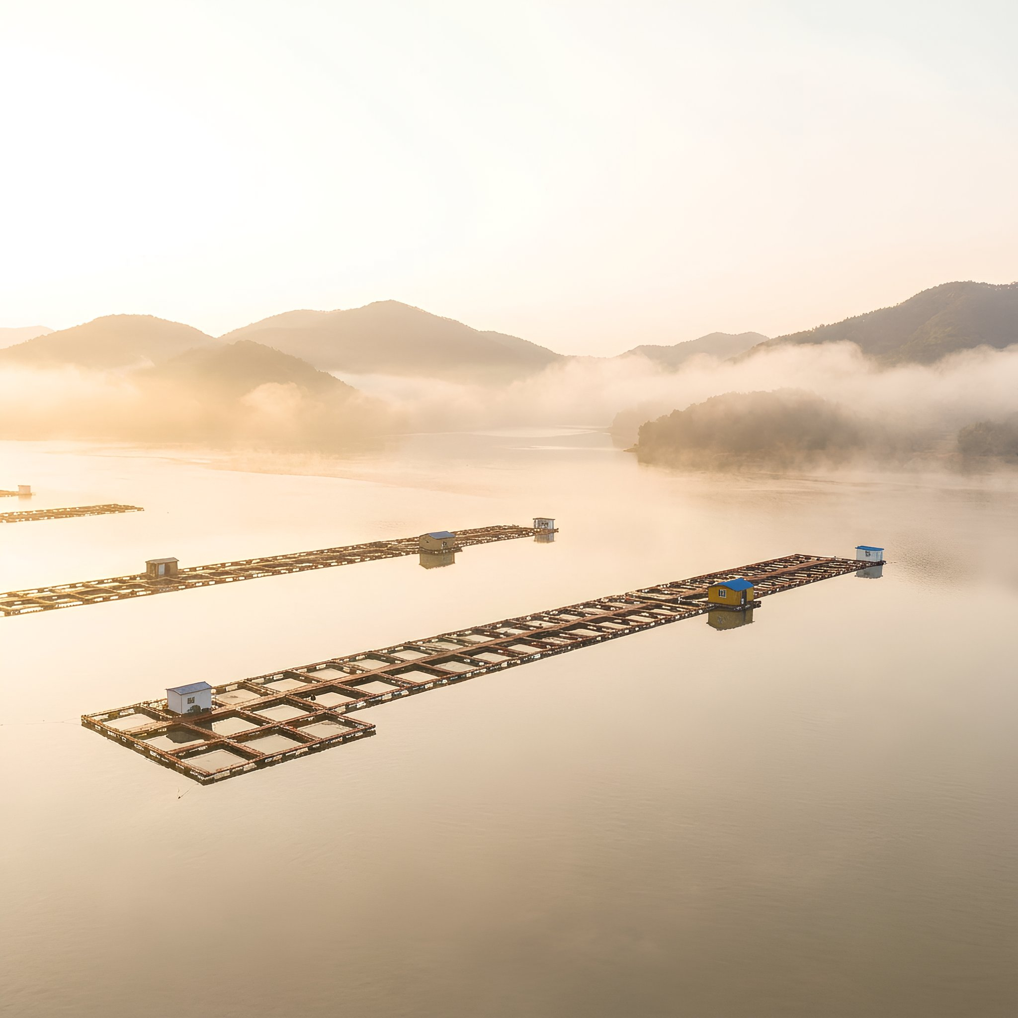 Schwimmende Käfige und kleine Gebäude auf einem ruhigen See, umgeben von Bergen und Nebel bei Sonnenaufgang.