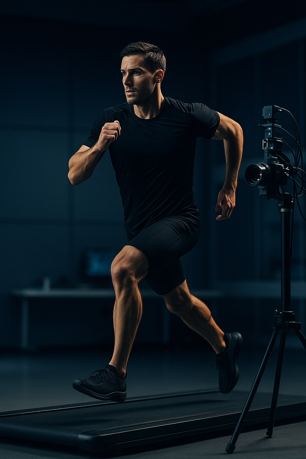Un homme en tenue noire court sur un tapis de course dans une salle sombre avec un équipement de caméra à côté.