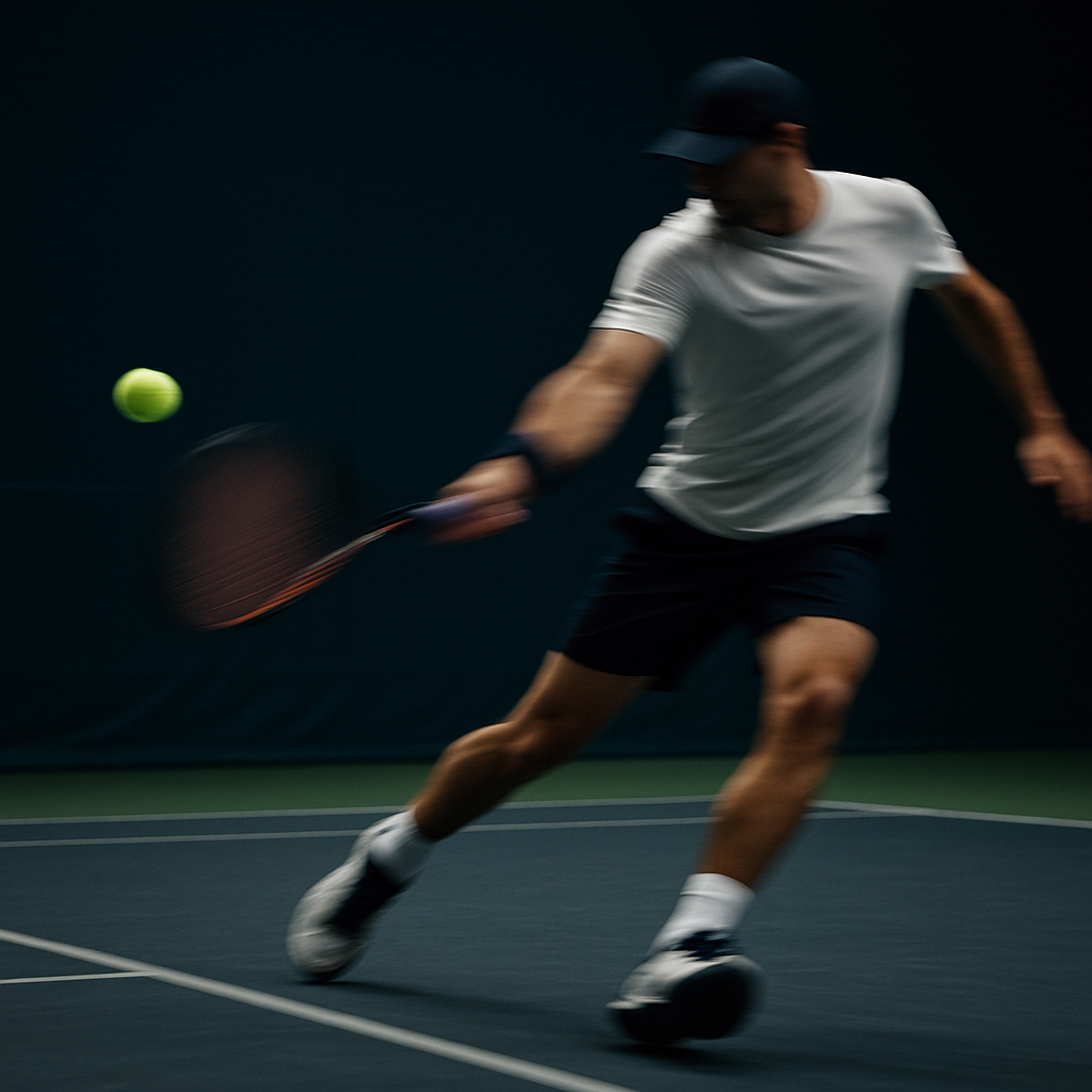 Un homme joue au tennis en intérieur, prêt à frapper une balle jaune, portant un short noir, un t-shirt blanc, un chapeau noir, et des chaussures de sport, dans une salle sombre.