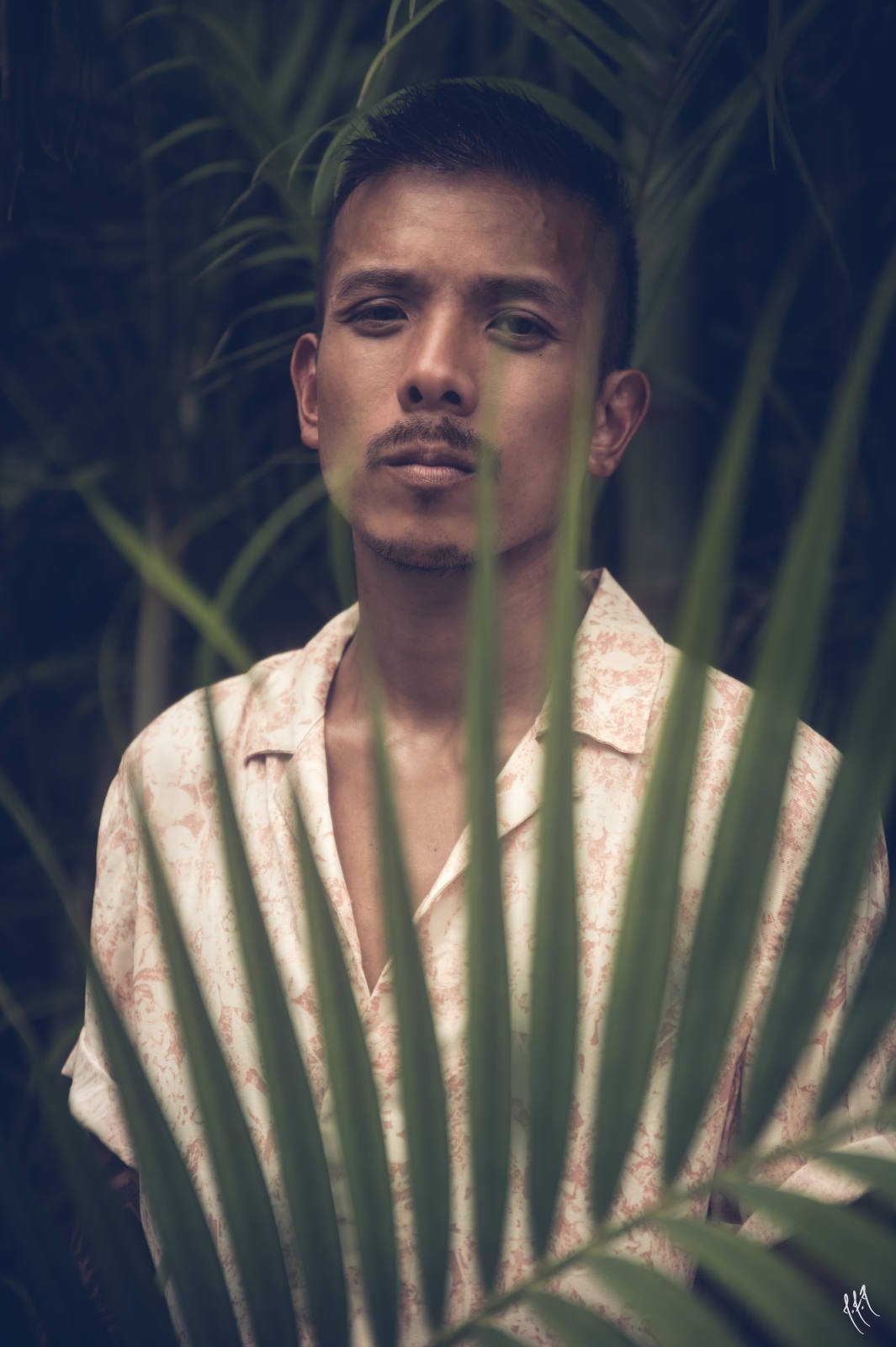 Man in floral shirt standing behind palm leaves, looking serious.