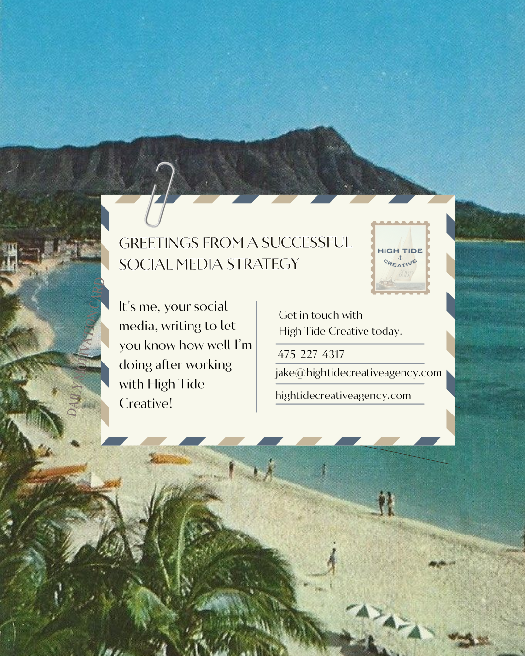 A postcard with a message from a social media strategist, overlaid on a beach scene with mountains in the background, palm trees, and people on the beach.