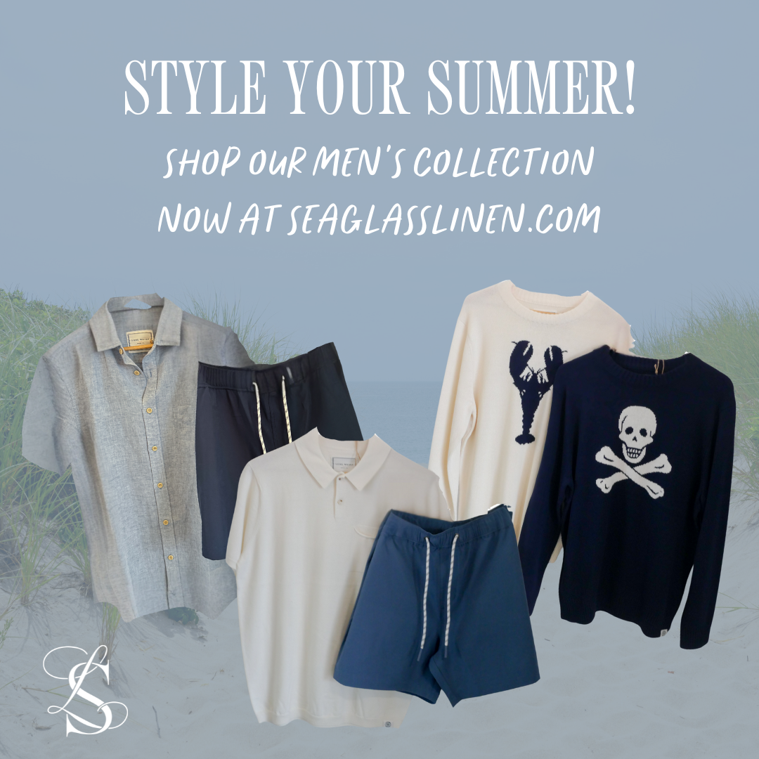 Summer clothing collection with men's shirts, shorts, and sweaters featuring skull and lobster designs, displayed against a beach background.