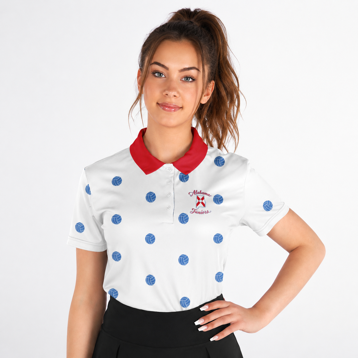AL Jrs White w/ Blue Volleyball Polkadot Women's Polo