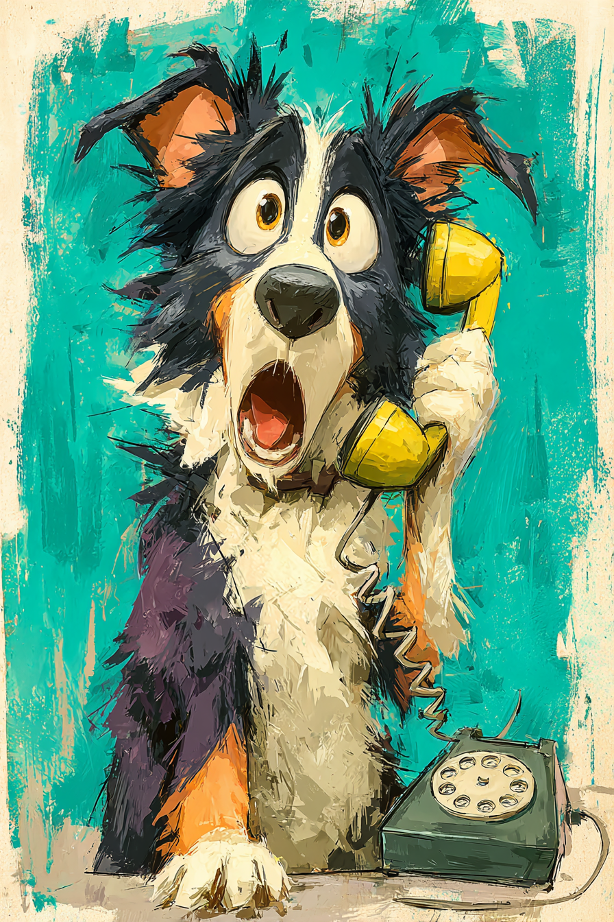A colorful illustration of a dog with wide eyes and an open mouth, holding a yellow rotary phone receiver to its ear with one paw.