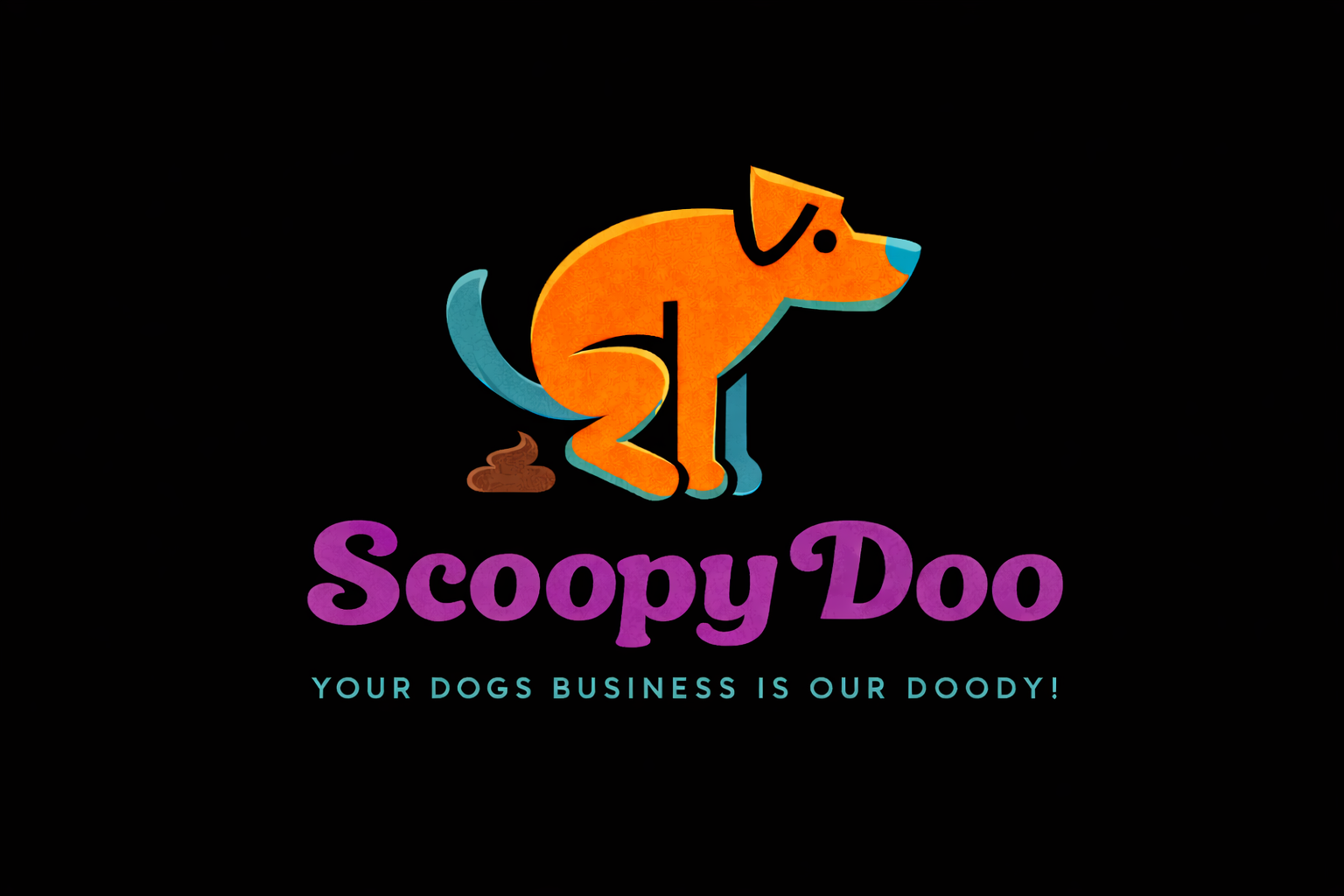 Logo for ScoopyDoo featuring a stylized orange dog with a blue tail, sitting on brown poop with purple text below that reads 'ScoopyDoo' and tagline 'Your dogs business is our doody!'