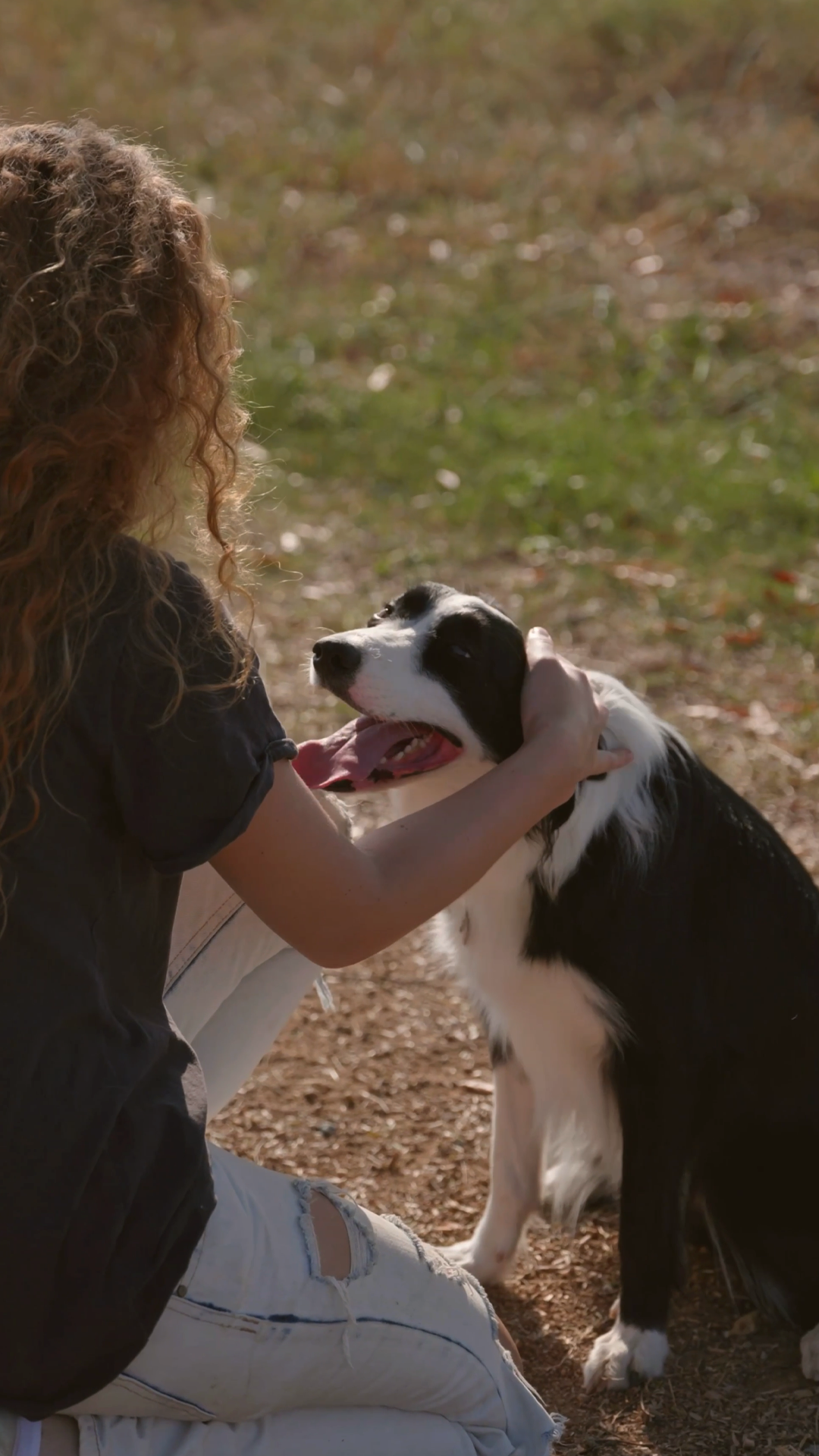Una donna con capelli ricci e vestiti neri accarezza un cane Border Collie nero e bianco in un ambiente naturale all'aperto.