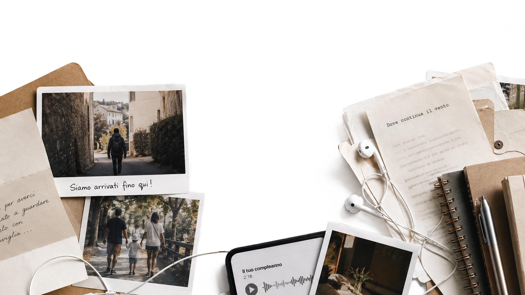 Dispensa con foto di un viaggiatore in una strada di città e di una famiglia che cammina in un parco, accompagnate da documenti, un telefono con un brano musicale, una penna, cuffie e bloc notes.