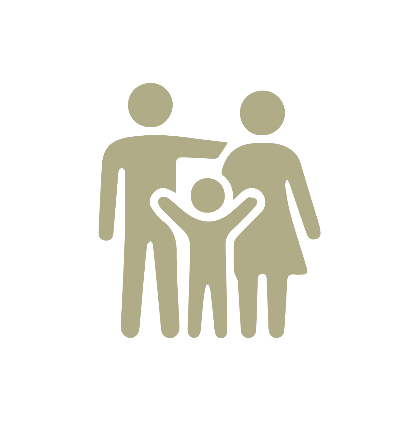 Icona stilizzata di una famiglia con due adulti e un bambino tra loro, rappresentando un'unità familiare.