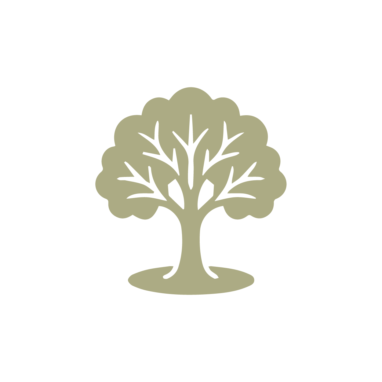 Albero stilizzato con foglie e rami neri su tronco e chioma di colore beige su sfondo nero.