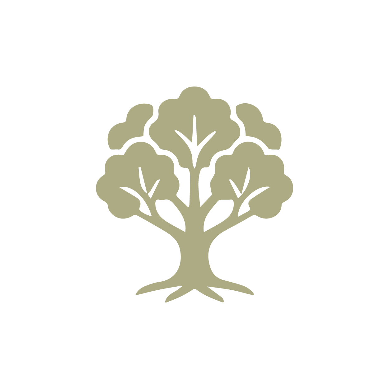 Logo con albero stilizzato con foglie di colore beige su sfondo nero.