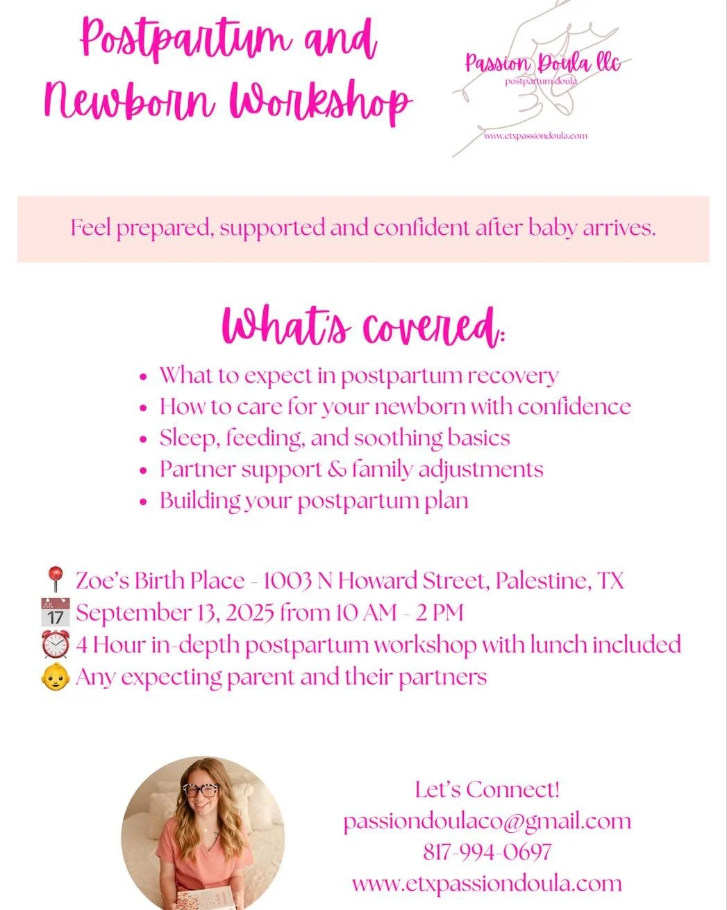 ✨ Join us for my Second Postpartum Workshop ✨
📅 September 13th
🕙 10 AM &ndash; 2 PM
📍 1003 N Howard St, Palestine, TX 

A safe and supportive space for moms to connect, learn, and feel empowered in the postpartum journey. 

💕 Whether you&rsquo;re