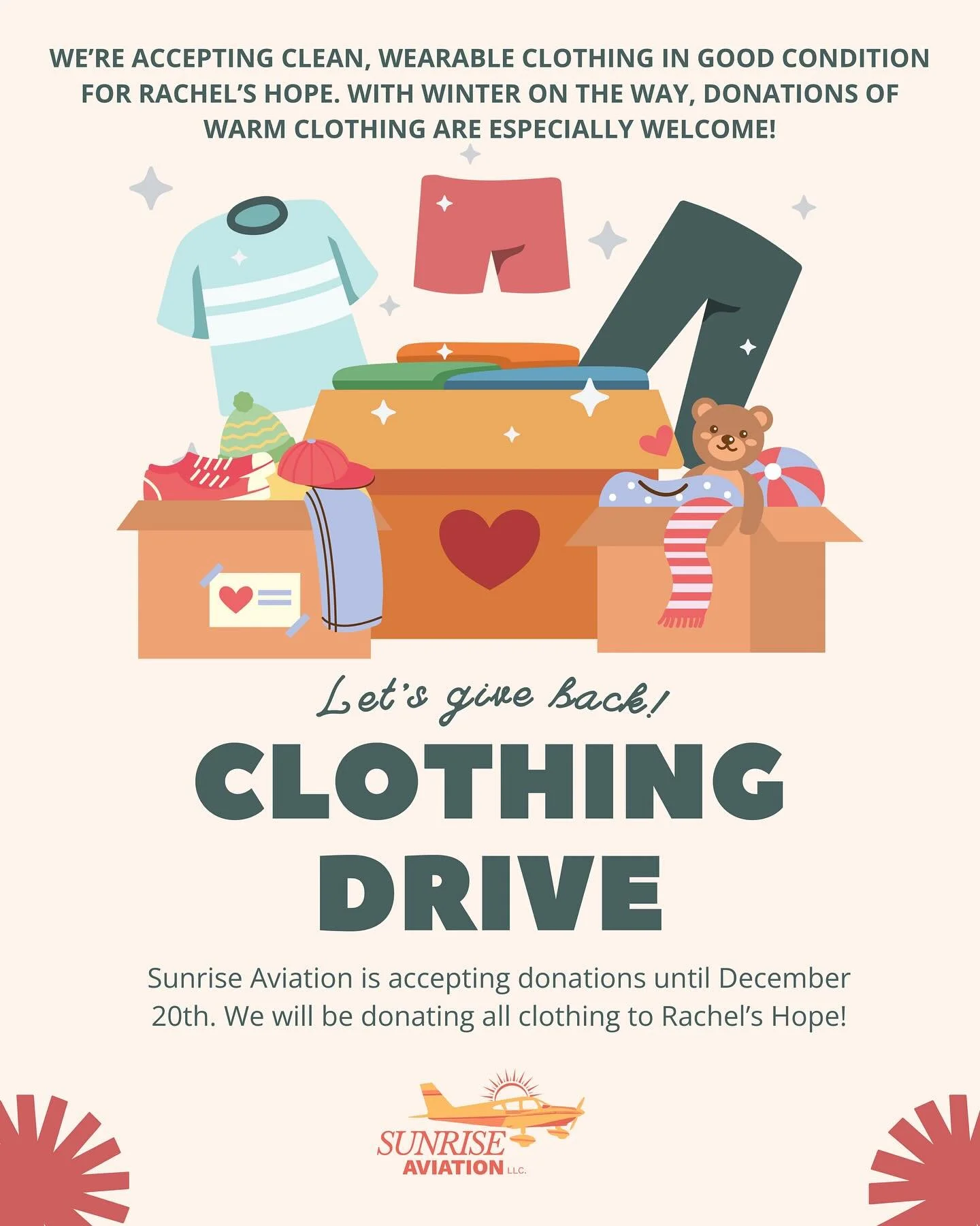 Winter is on the way! ❄️ Help us bring warmth to those in need. Sunrise Aviation is accepting donations of clean, wearable, warm clothing for our drive benefiting Rachel&rsquo;s Hope. Stop by the flight school to learn more!

#rachelshope #giveback #