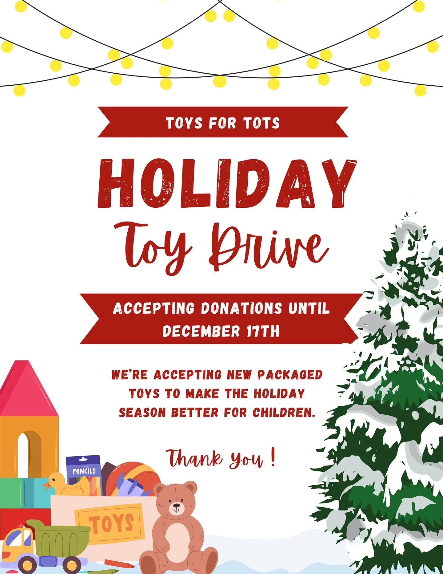 Spread some holiday cheer! 🎁✨ We&rsquo;re collecting new, packaged toys for our Toys for Tots Holiday Toy Drive. Deadline to donate is December 17th. 

#ToysForTots #HolidayToyDrive #GiveBack #SpreadJoy #HolidayGiving