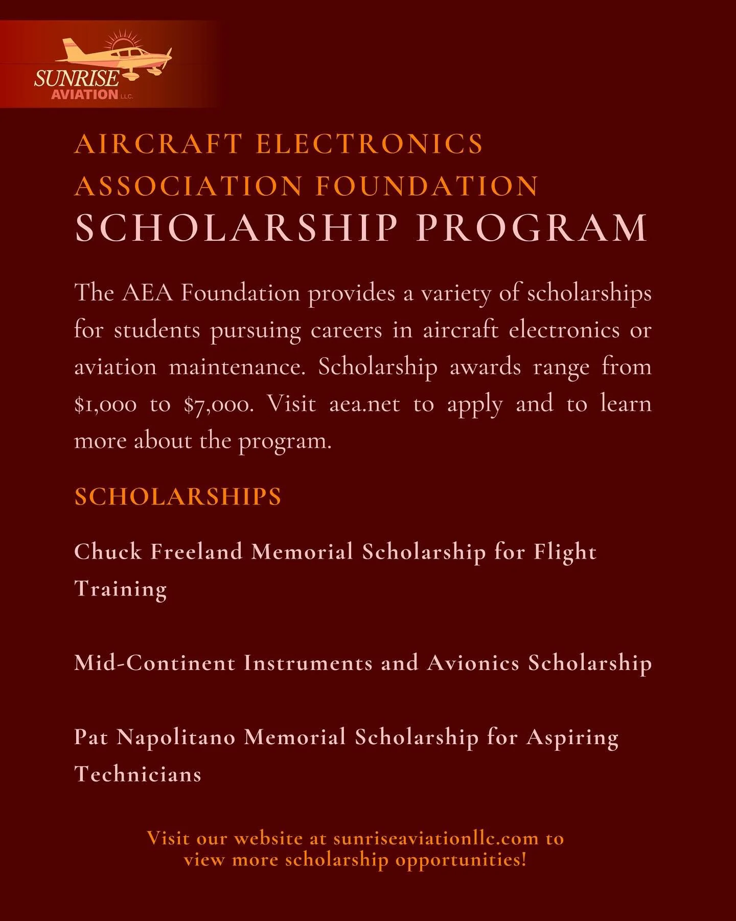 Exciting opportunities for future aviators and avionics technicians! 🚀
Visit aea.net to apply and learn more. More scholarships are listed on our website&rsquo;s FAQ page at sunriseaviationllc.com. ✈️📚

#sunriseaviationllc #scholarships #aviation #