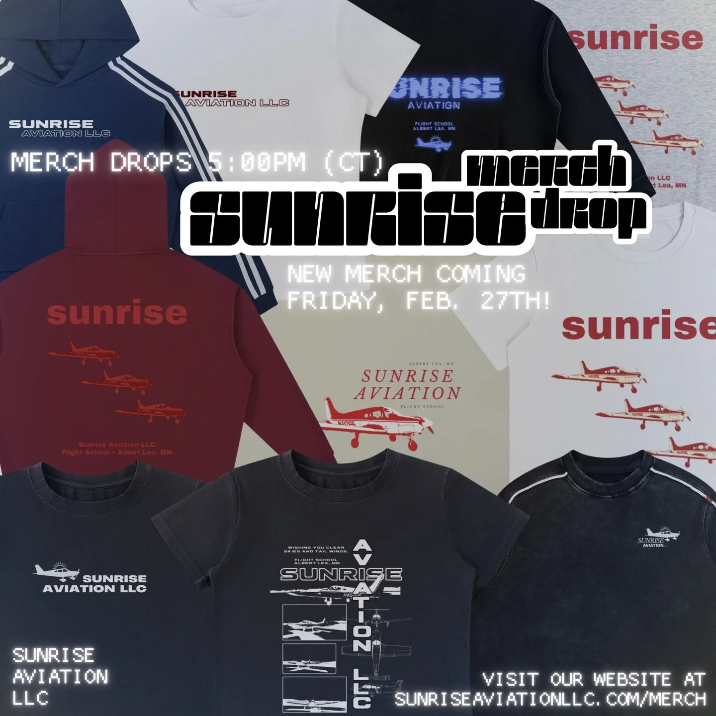 Tomorrow 5pm CST!! Sunrise Aviation merch will be available to purchase!

Check out our shop at sunriseaviationllc.com/merch ✈

#sunriseaviationllc #aviationmerch #merchdrop #clothing #aviation