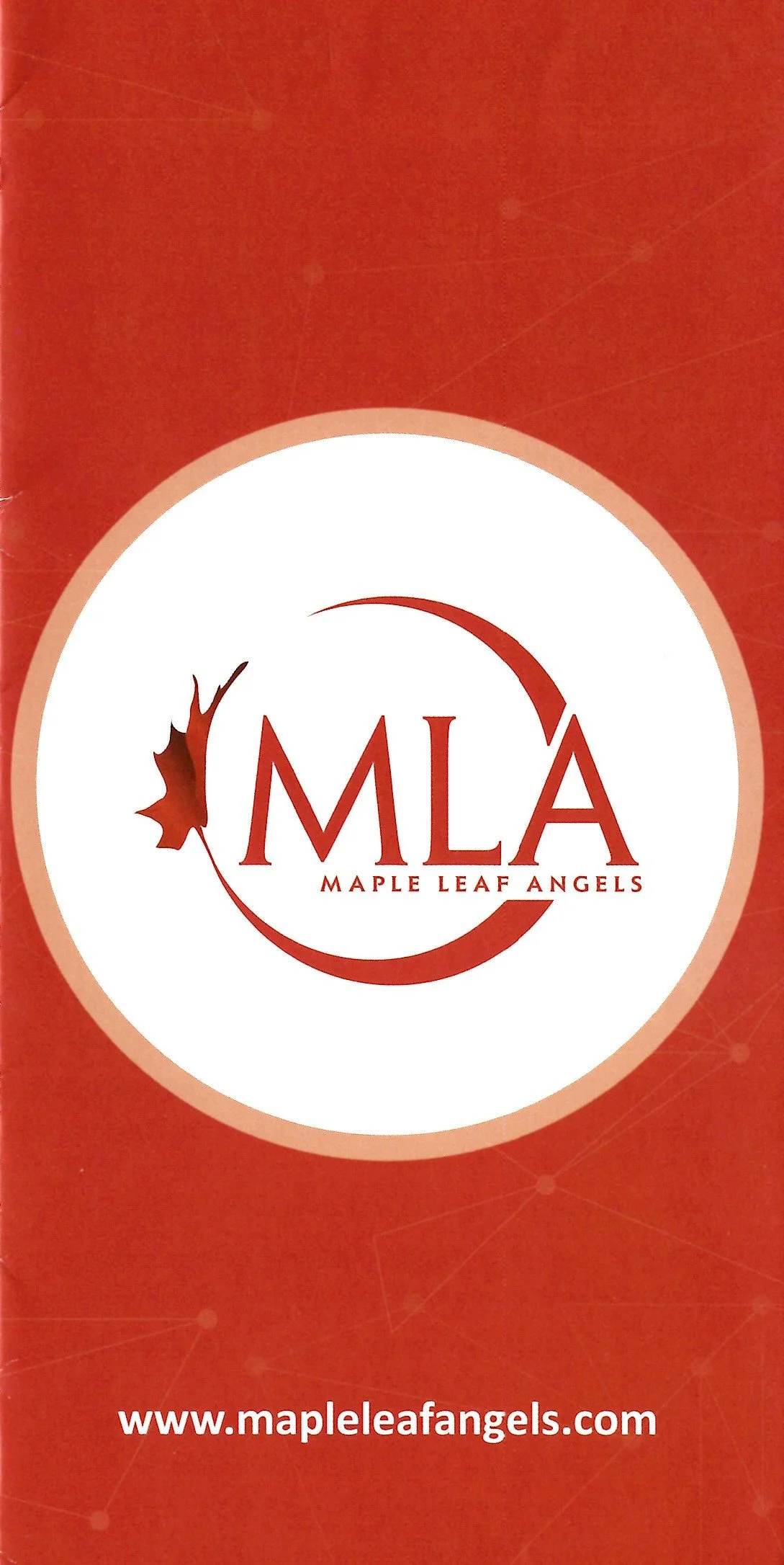 Red brochure with white circle logo for Maple Leaf Angels (MLA) featuring a stylized maple leaf and a crescent shape, and the website URL www.mapleleafangels.com.