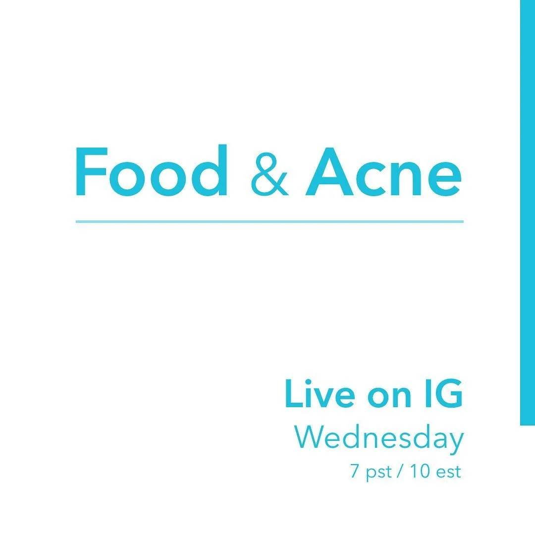 Promotional graphic for an Instagram Live session about food and acne.