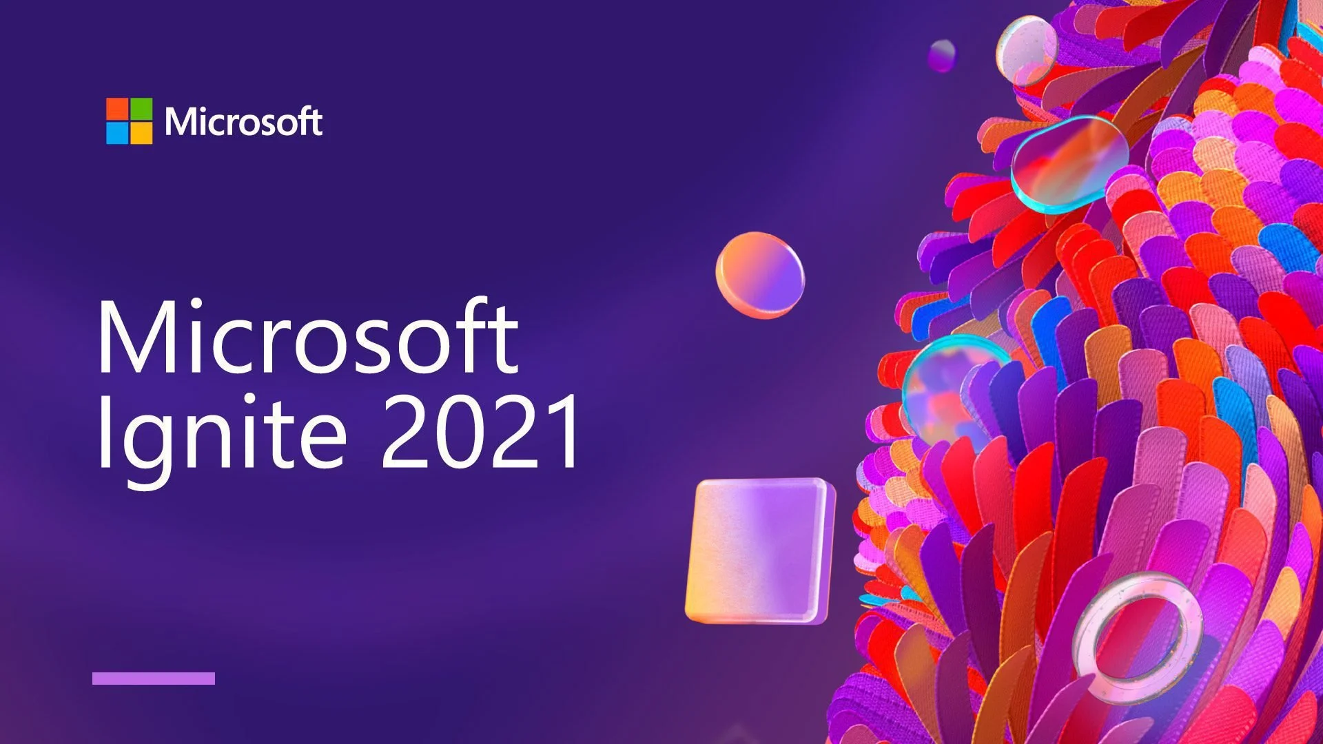 Microsoft Ignite 2021 promotional graphic with colorful abstract shapes on a purple background.