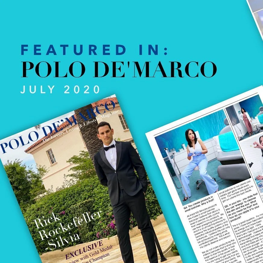 A digital magazine cover of Polo de Marco featuring a man in a tuxedo on a garden path, and pages with a woman in medical scrubs and medical images, all against a bright blue background.