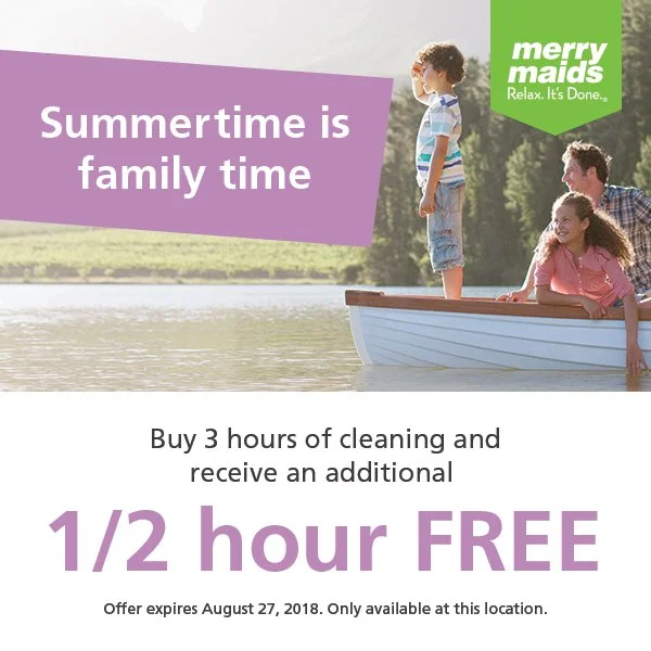 A family of three on a boat by a lake during daytime, with a woman and two children enjoying the scenery. The text promotes a cleaning service offer with a summer family theme.
