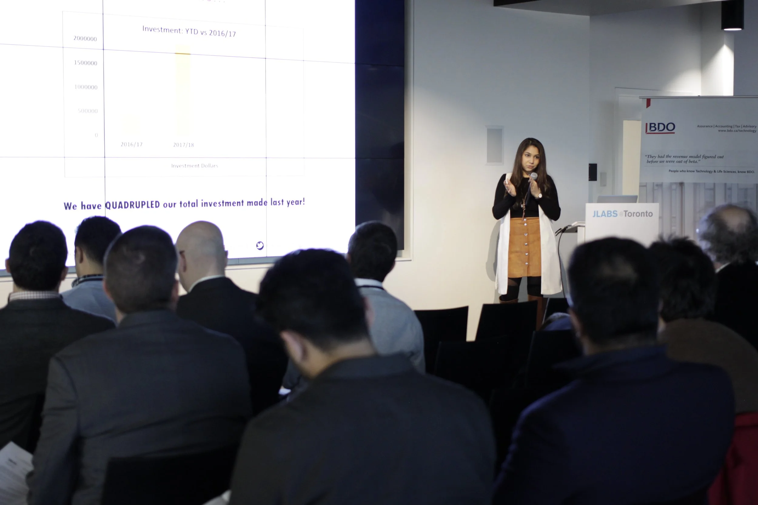 A woman giving a presentation to an audience in a conference room. A large screen behind her displays a graph and the text: "We have QUADRUPLED our total investment made last year!" The audience is seated and facing the speaker and screen.