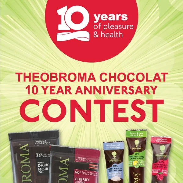 Design celebrating the 10th anniversary of Theobroma Chocolat with a contest, featuring various chocolate product packages and a green background with radiant lines.