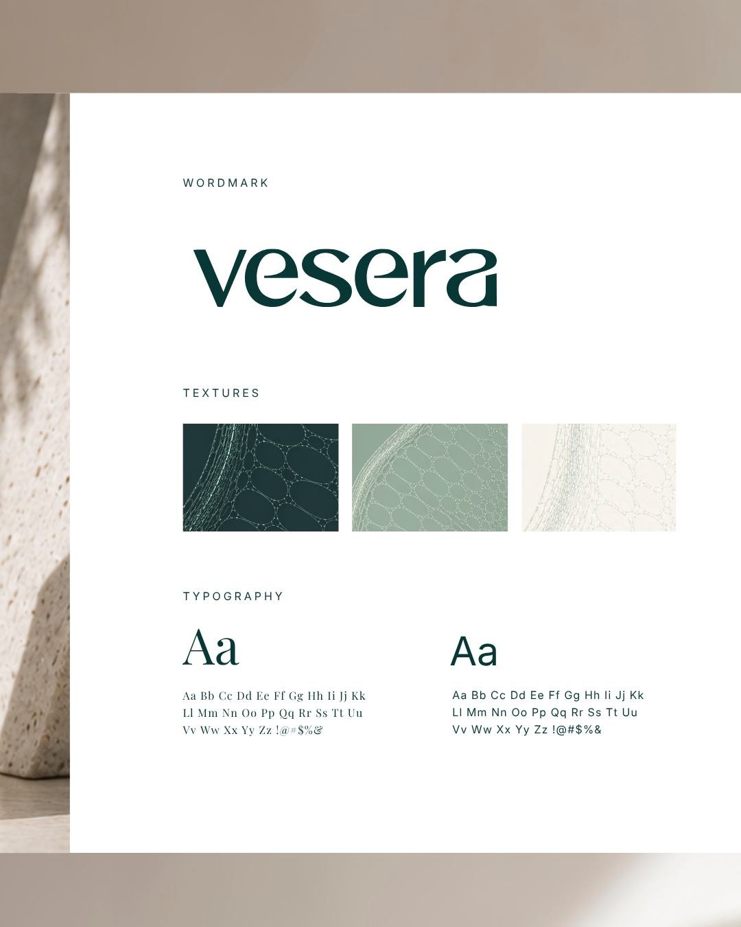 Every visual identity starts with a few foundational elements.

For Vesera, that meant developing a logo, typography system, and supporting textures that could work together to communicate the brand's positioning at the intersection of science and na