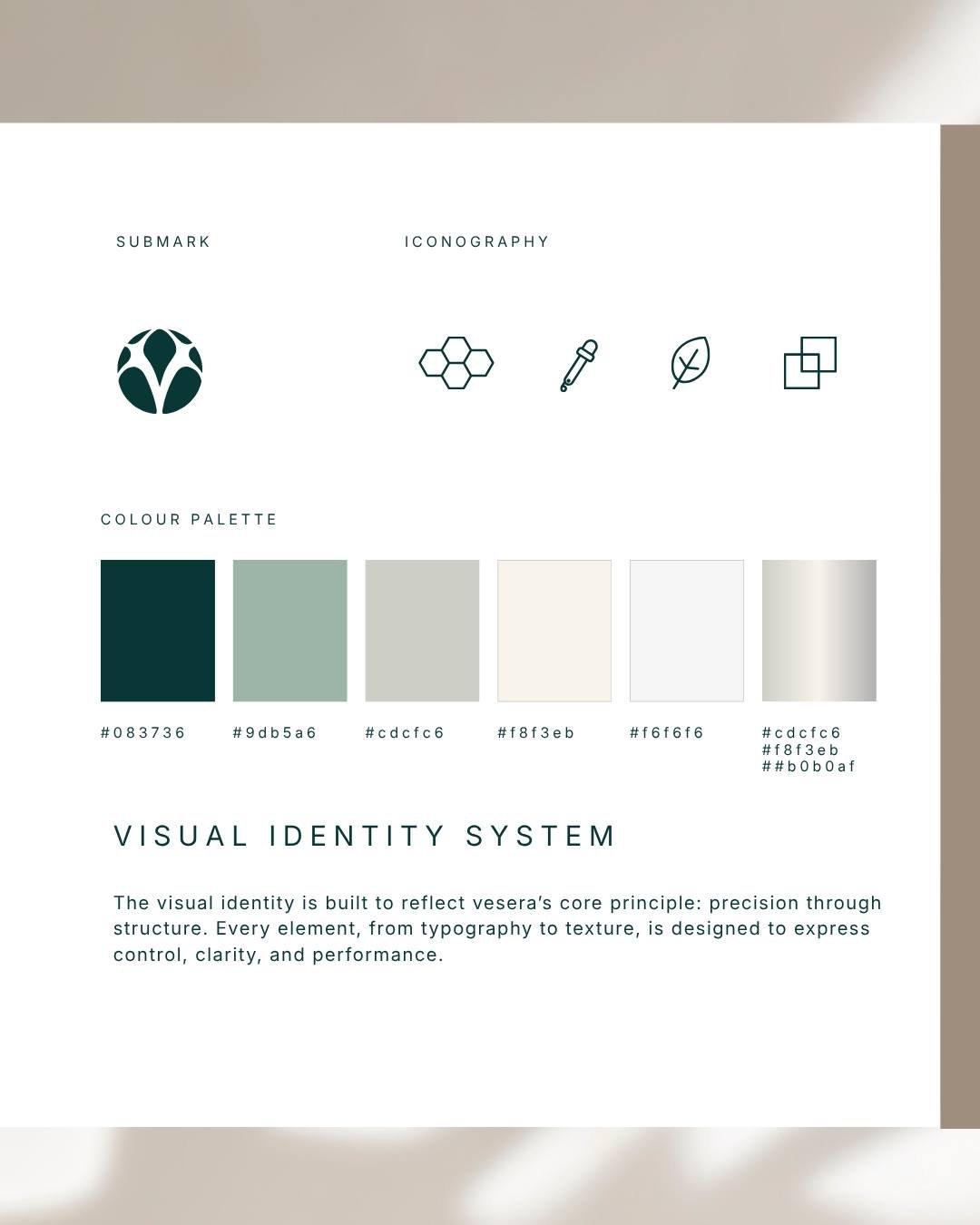 A visual identity is more than a logo.

It's a collection of elements that work together to create recognition, consistency, and meaning.

For Vesera, that meant developing a flexible identity system built around a custom wordmark, a distinctive subm